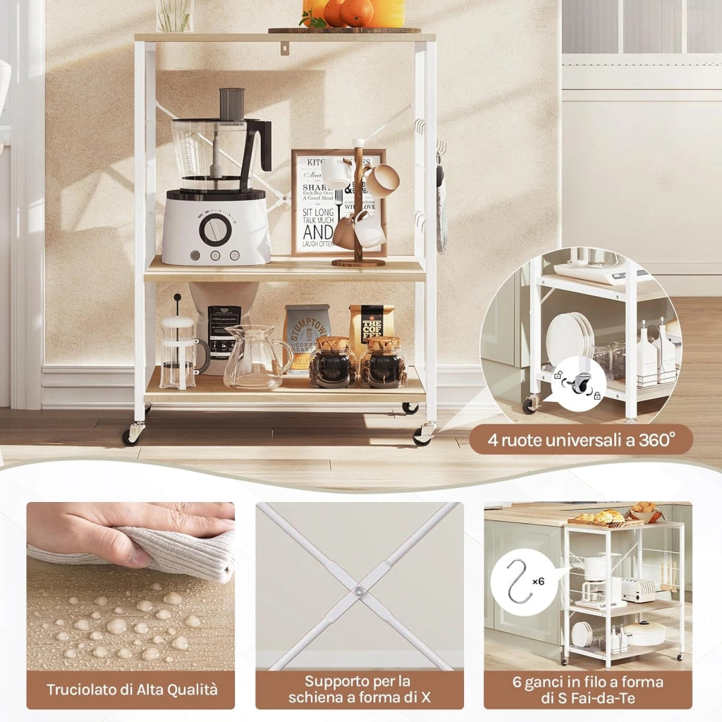 Scaffale da Cucina con Ruote, Carrello Cucina a 3 Livelli, Scaffale per Microonde con 4 Ganci, Carrello da Bar con Struttura in Metallo, Bianco + Effetto Legno, 60x40x82,5 cm