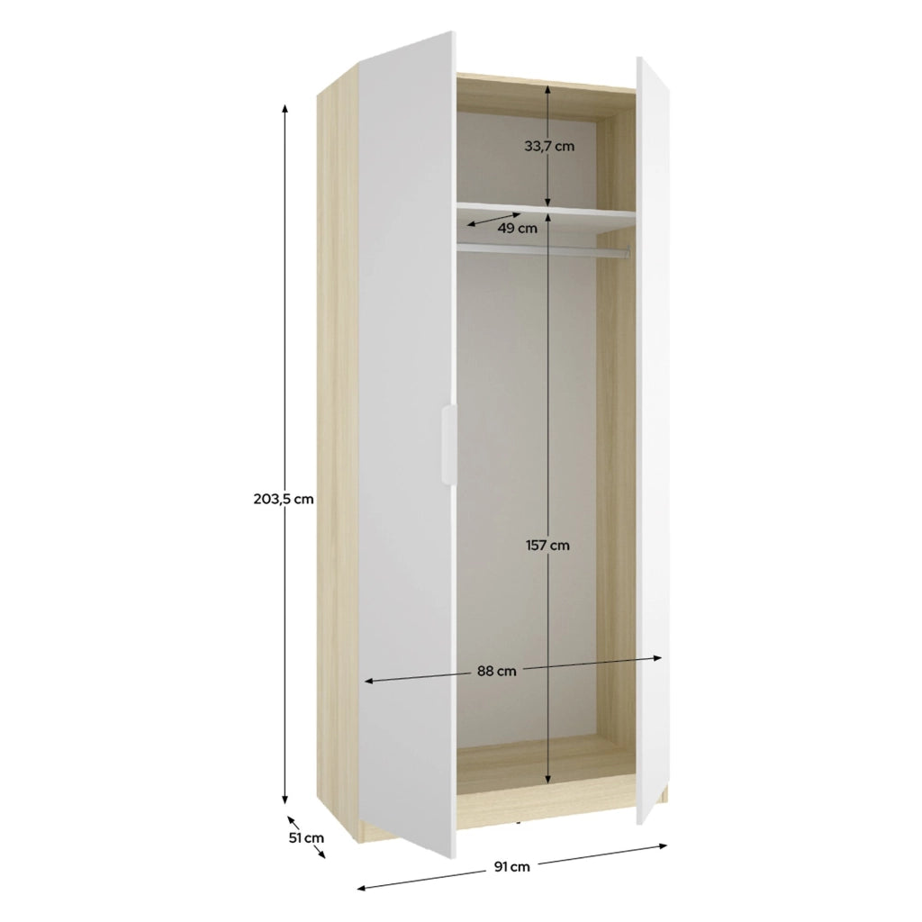 Armadio Camera da Letto Tulot, Guardaroba 2 Ante Appendiabiti, 51x204h cm Bianco