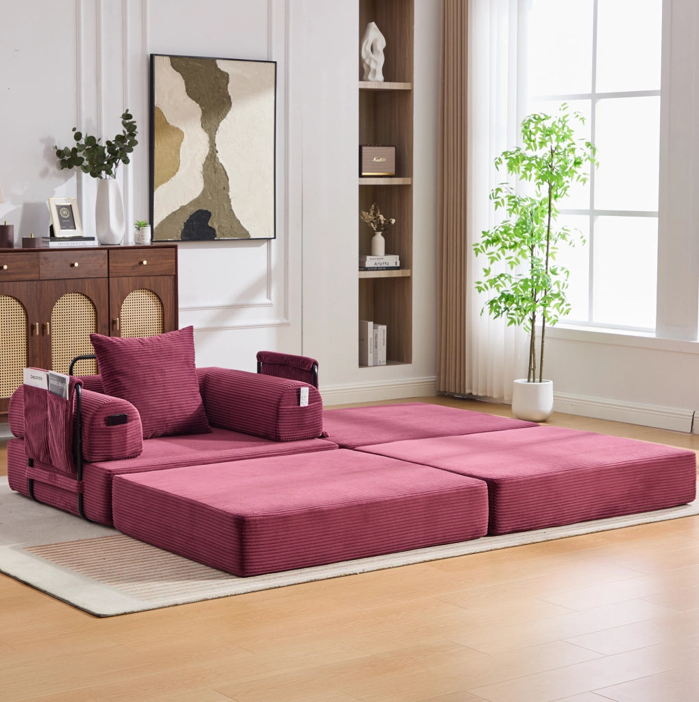 Pouf trasformabile in letto singolo in corduroy bordeaux; 109 x 95 x 43 cm