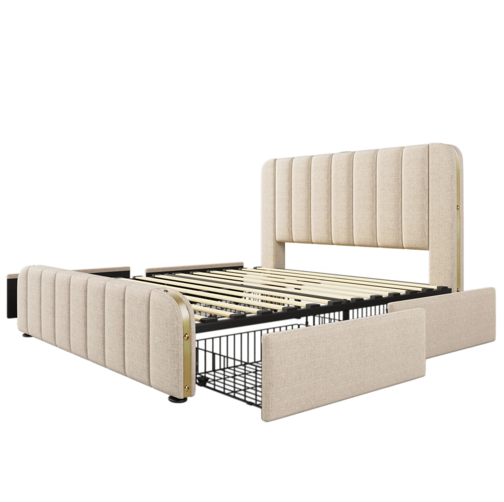 Letto matrimoniale contenitore 140x200 cm con USB C e 4 cassetti; lino beige