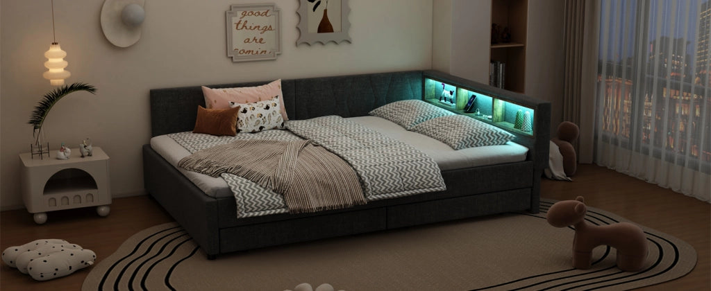 DESMIU Letto a divano 140 × 200 cm 2 posti con USB, Type-C, LED regolabile e 2 cassetti senza materasso, grigio