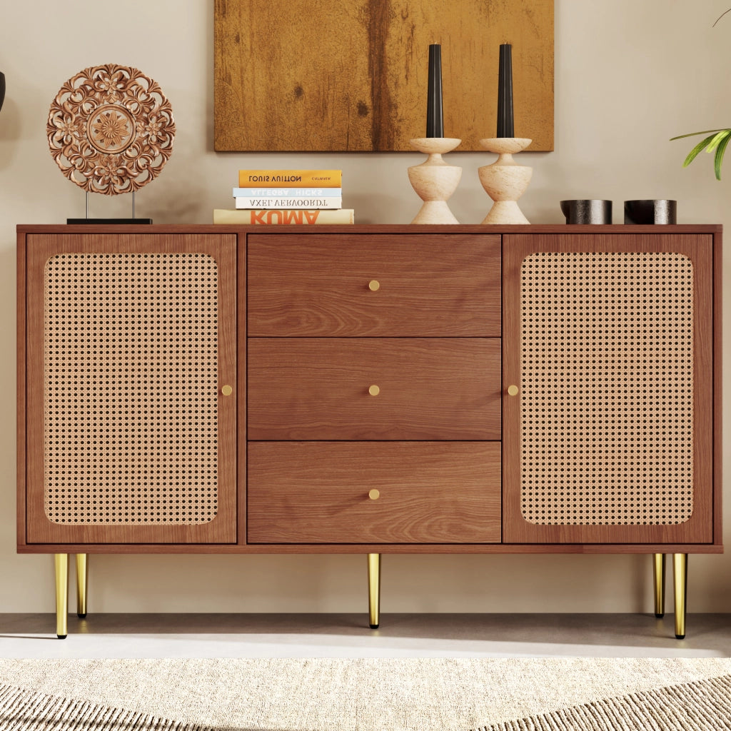 Cassettiera con 2 Ante e 3 Cassetti; Ripiano Regolabile; Stile Vintage; in Legno e Metallo; 150×40×90 cm; Noce