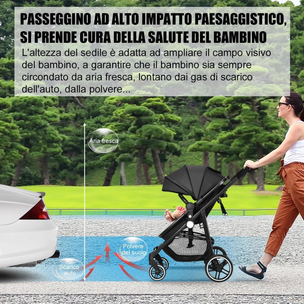 2 in 1 Passeggino per Bambini, Passeggino Pieghevole con Sedile Reversibile, Schienale Regolabile, Passeggino Leggero con Cintura di Sicurezza, Copertura, per Bambini 0-3 Anni (Nero)