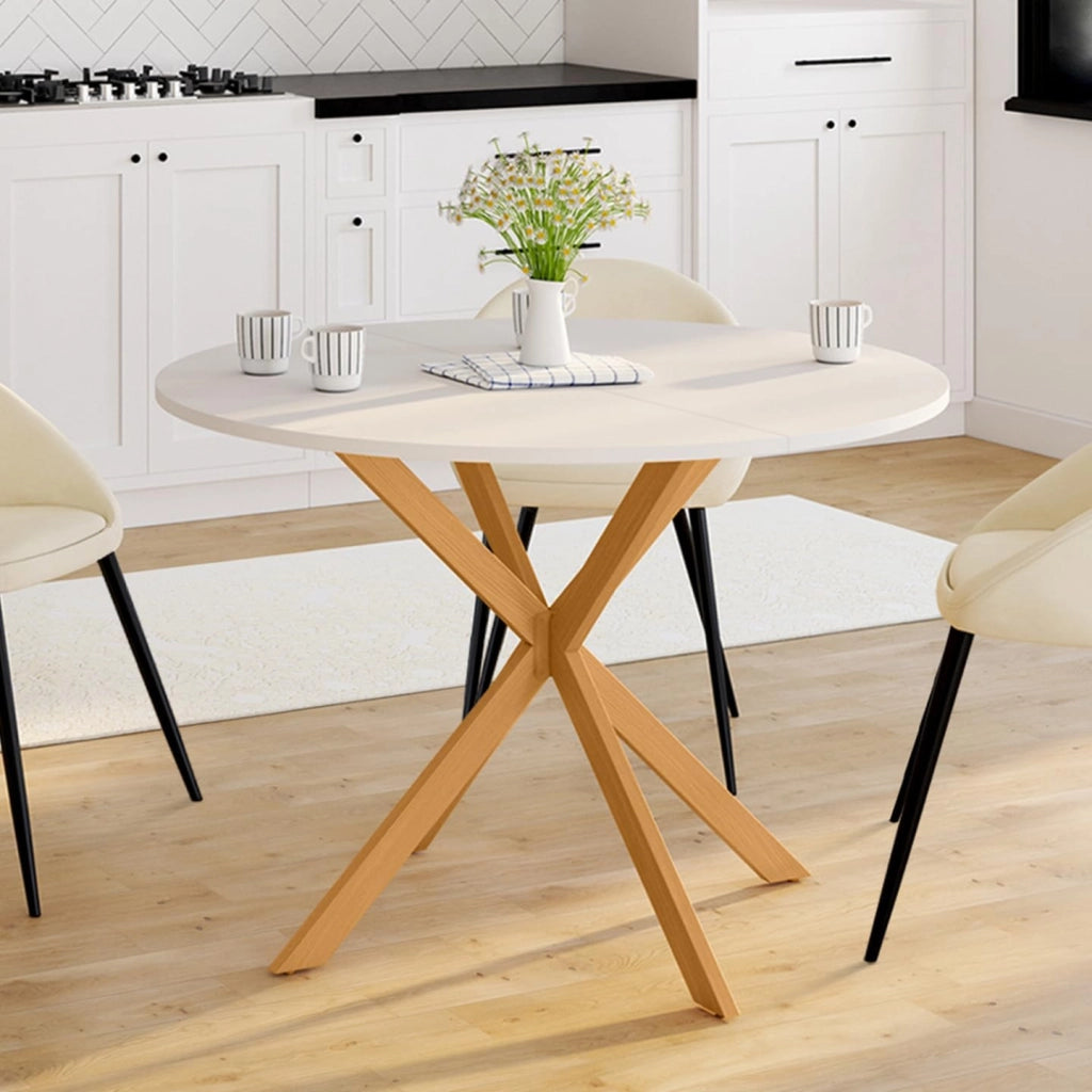 Tavolo da pranzo rotondo GISELE per 6 persone, gamba a ragno in legno, piano bianco 110 cm