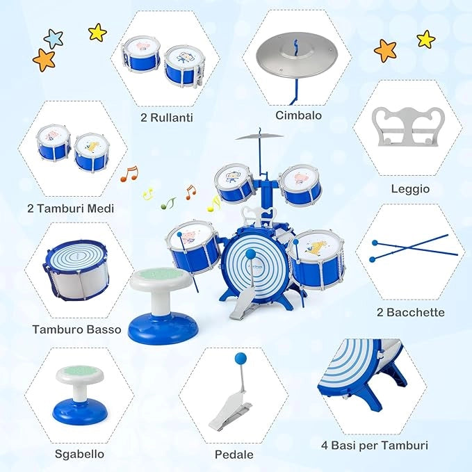 Set di Batteria per Bambini, Kit di Batteria Jazz con Cassa, Strumento Musicale a Percussione Educativo per Bambini 3+ Anni