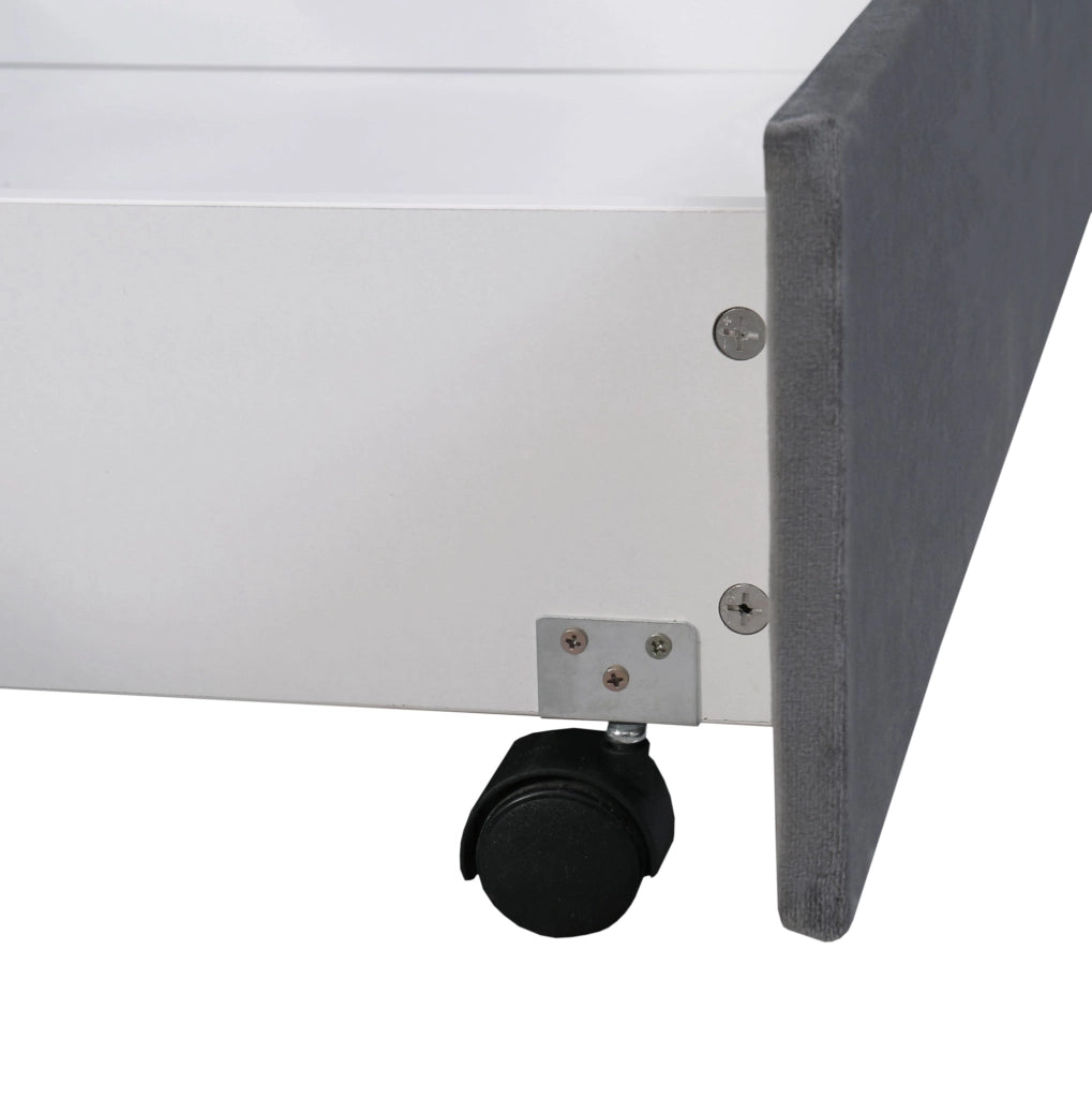 Letto imbottito 140x200 cm in velluto grigio con testiera, rete a doghe e 2 cassetti