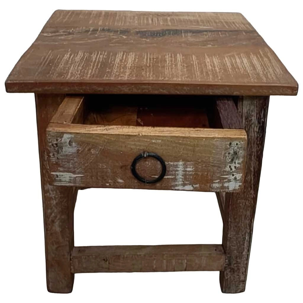 Sgabello con cassetto in legno con finitura artigianale marrone 25x25x29 h cm
