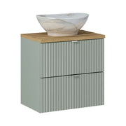 Insieme ELVINA 60cm: mobile sotto lavabo con cassetti in verde salvia grigio + top per lavabo in aspetto legno scuro + lavabo da appoggio marmorizzato