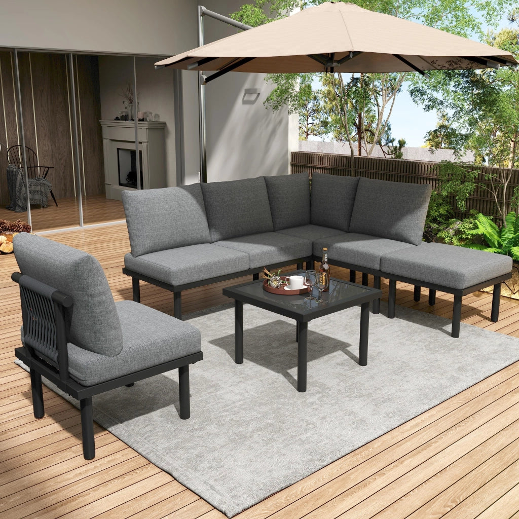 OKWISH Set da 6 Pezzi da Giardino con Sedute e Tavolino, Cuscini Inclusi, Piedini Regolabili, Olefina Grigia