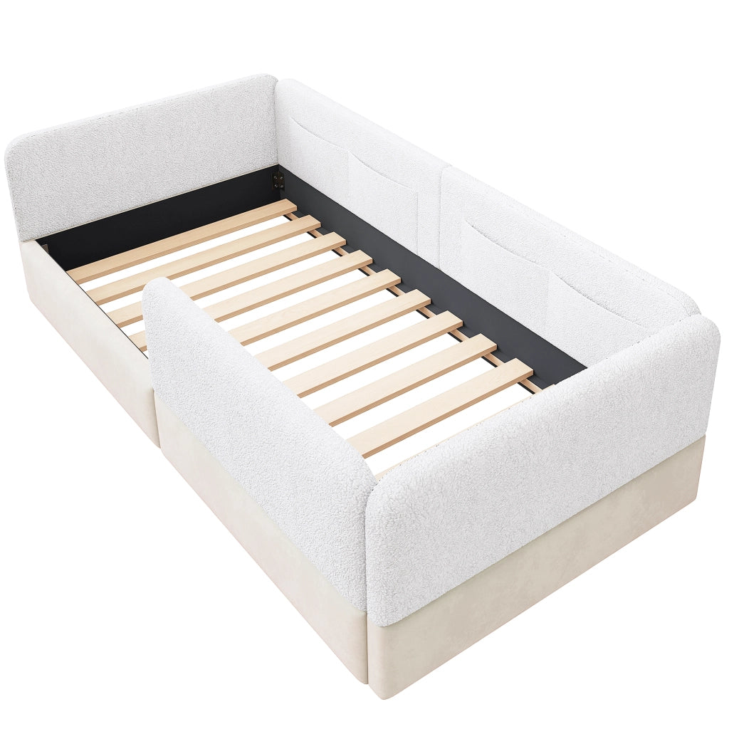 Letto singolo 90 × 200 cm con barriera di sicurezza, tasche portaoggetti, senza materasso, in MDF, bianco