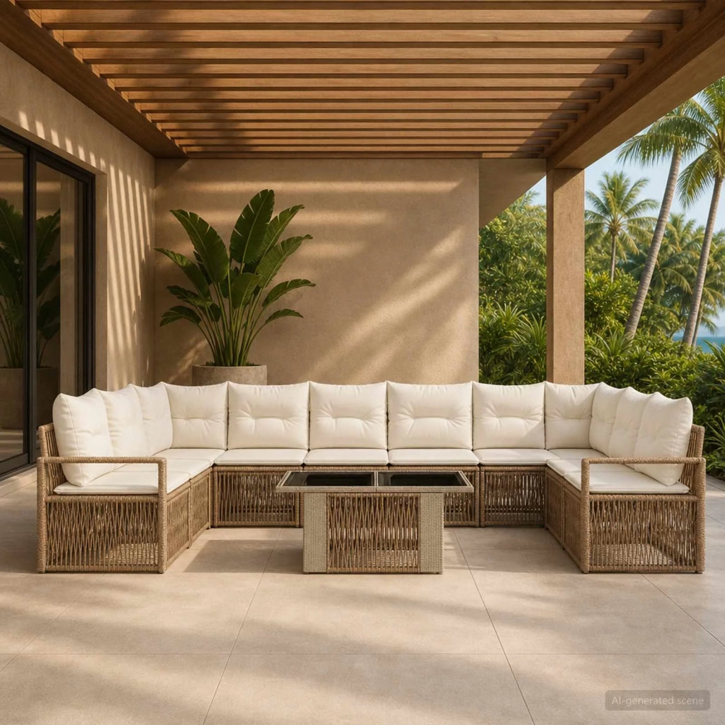 Set Divano da Giardino 11 pz Beige e Bianco Crema polyrattan 3437148