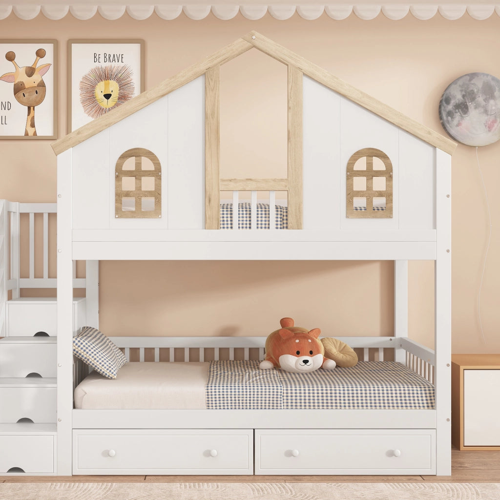 Letto a Castello 90x200 cm; Letto 2 Posti - Finestre; 2 Cassetti; Scala - in Legno Massello e MDF - Bianco e Naturale
