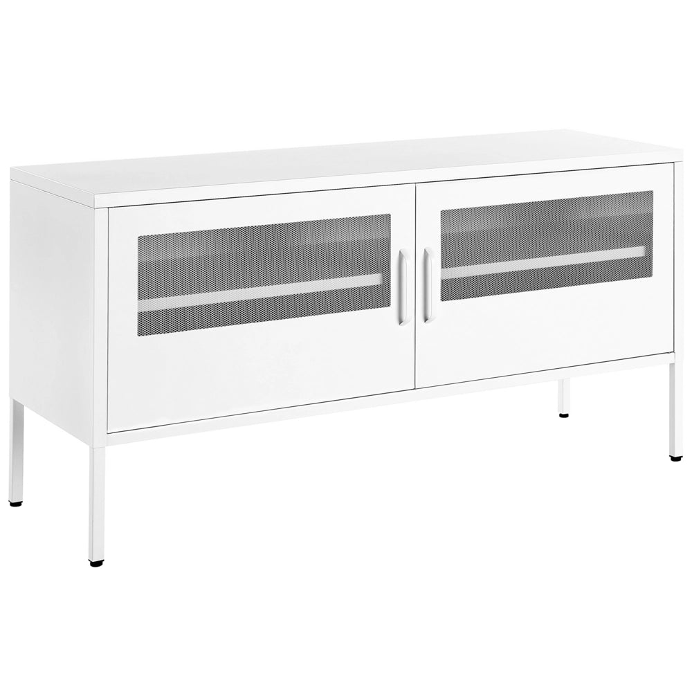 Credenza in metallo bianco 118 x 40 cm 2 ante in rete ripiani gambe gestione cavi mobile tv industriale soggiorno