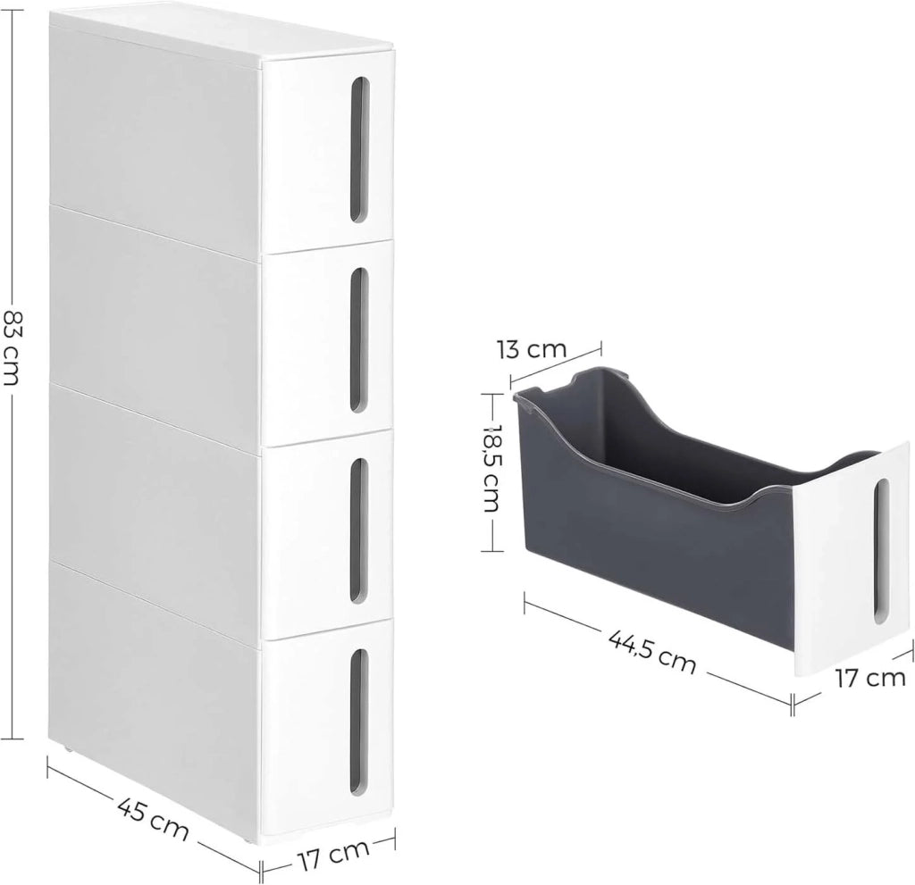Torre portaoggetti su ruote colonna da cucina stretta ripiano in plastica a 4 ripiani salvaspazio 45 x 17 x 84 cm bianco e grigio 12_0007791