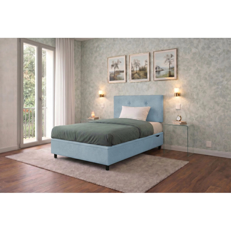 Letto imbottito Singolo 80x200 cm Button - Contenitore,Microfibra,Azzurro