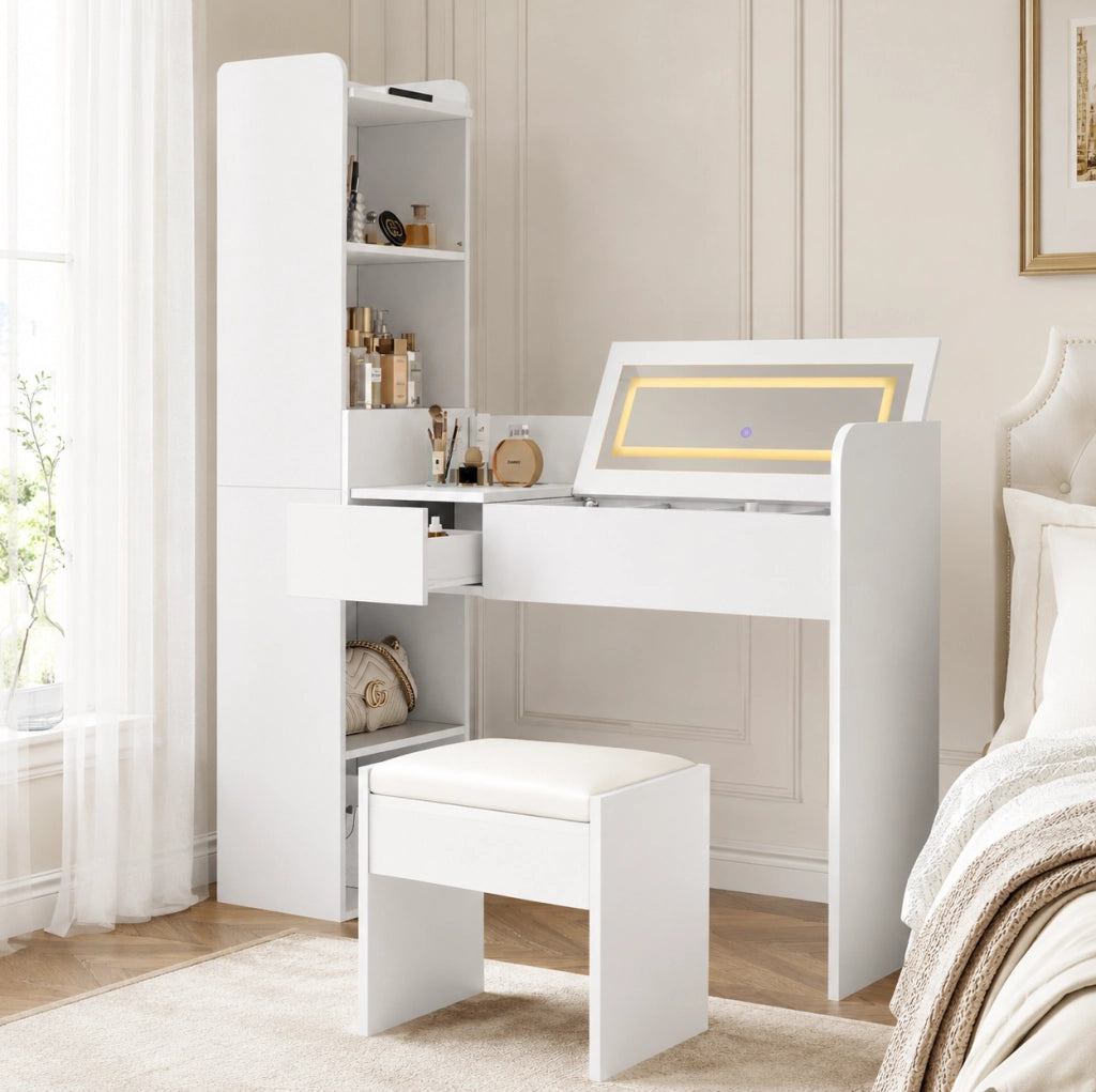 Toeletta 131x40x160 cm con specchio LED, USB e sgabello in legno ingegnerizzato bianco