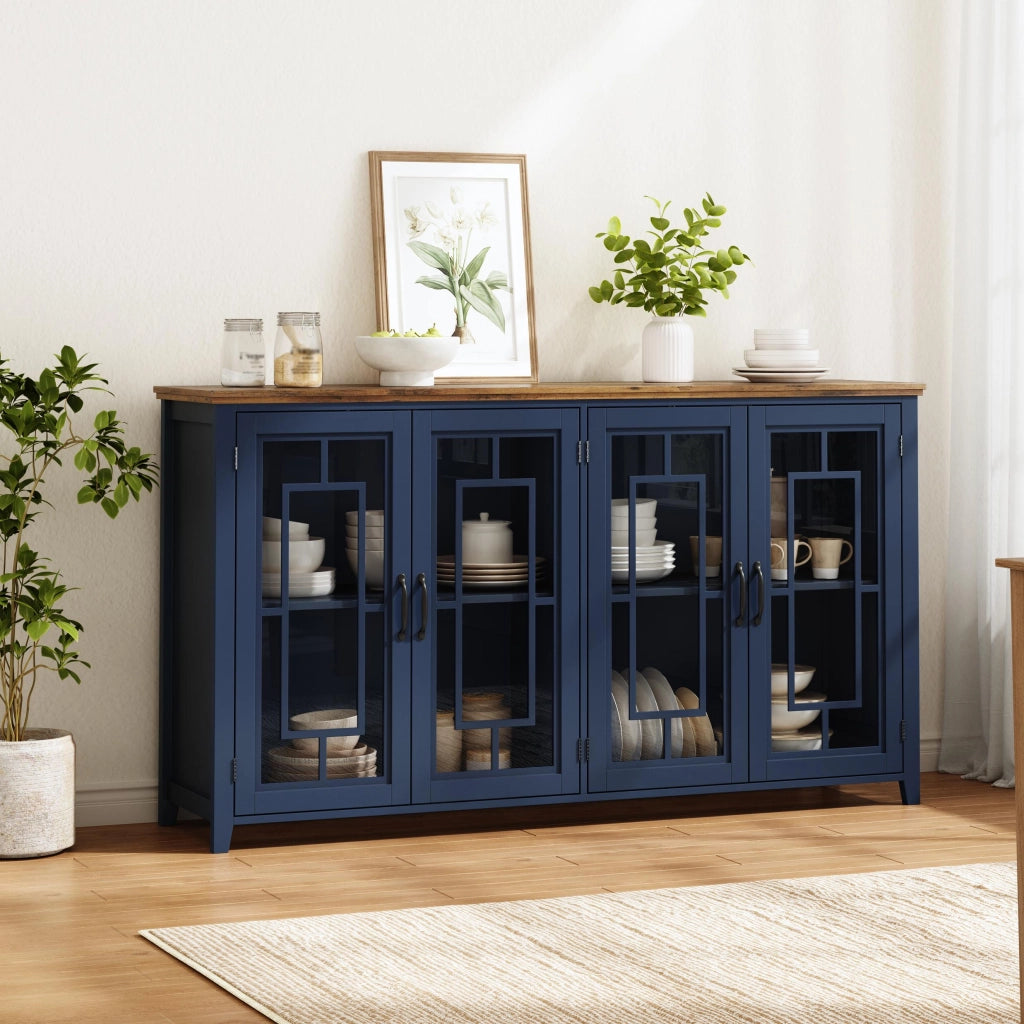 Credenza e madia con ante in vetro, 2 vani, piano effetto legno, in MDF, per cucina e soggiorno 160 × 40 × 86 cm