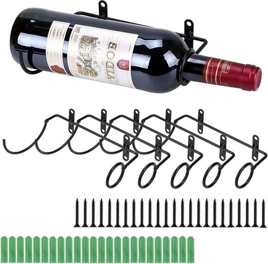 Wijnrek a muro - Sostegni in acciaio per bottiglie di vino rosso - Display per bottiglie di vino - Sostegno metallico per bottiglie appeso - Sostegno per bottiglie - Sostegno per bottiglie con cavo di sostegno a sinistra