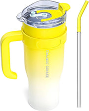 Tazza di Stagno Inossidabile da 1250ml con Manico e Coperchio - Bicchiere Termico per Viaggi e Drinki Giallo Bianco
