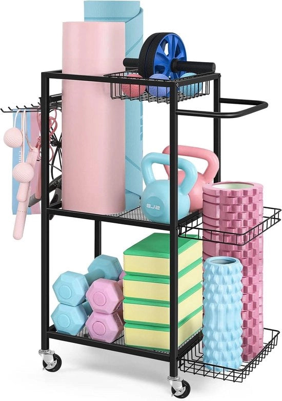 Sistema di archiviazione per attrezzatura fitness con ganci e ruote