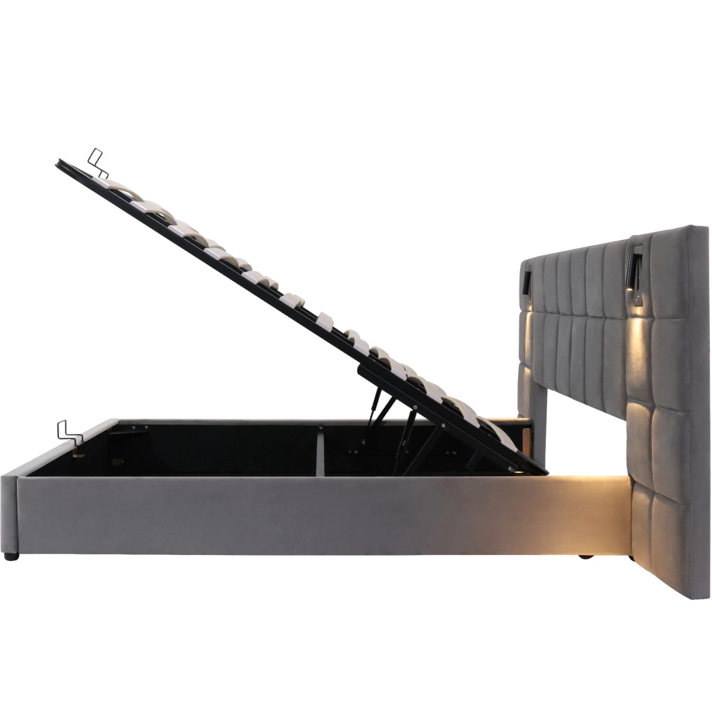 Letti contenitori 160x200 cm con contenitore e testiera con lampada regolabile e USB; acciaio; grigio (Senza materasso)
