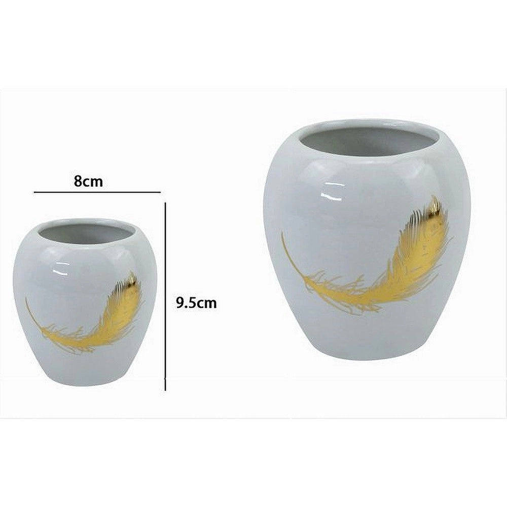 Trade Shop - Bicchiere Portaspazzolini In Ceramica Bianca Con Piuma Oro Accessori Bagno 59895 -