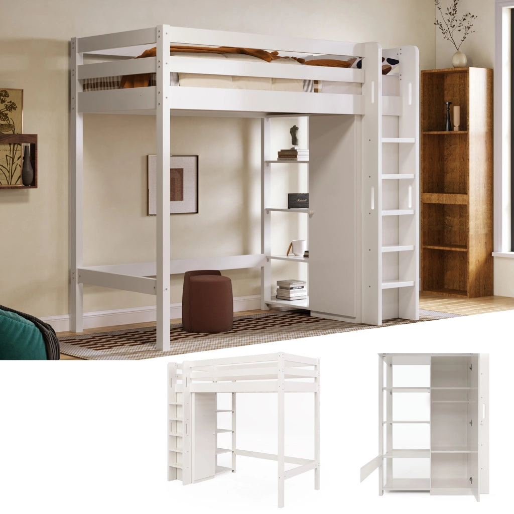 Letto a castello singolo bianco con armadio e 6 ripiani in truciolare e legno massello 90x200 cm