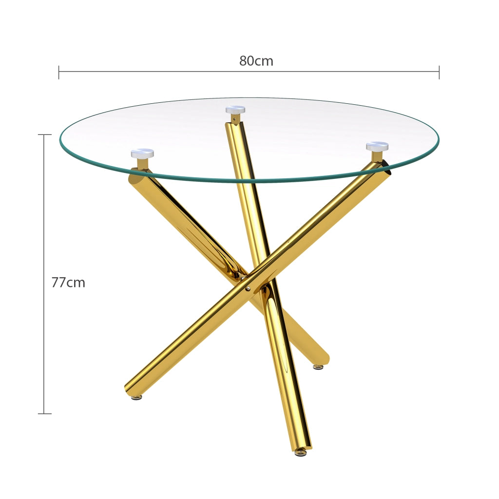 Tavolo da pranzo rotondo con piano in vetro temperato e gambe in metallo oro per 2-4 persone 80 × 80 × 76 cm