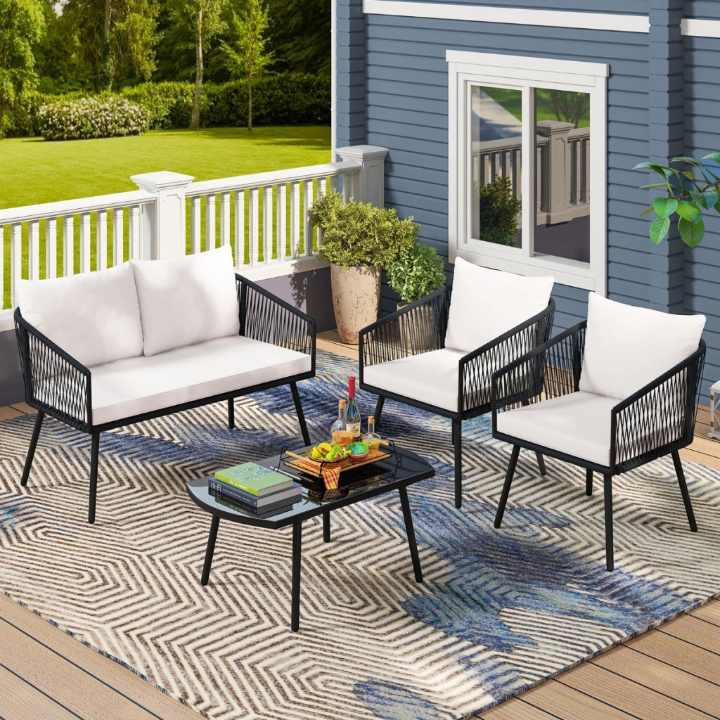 Set bistr¨° da conversazione in corda PE intrecciata con cuscini e tavolino-Set di mobili da giardino a 4 pezzi in vetro temperato Nero