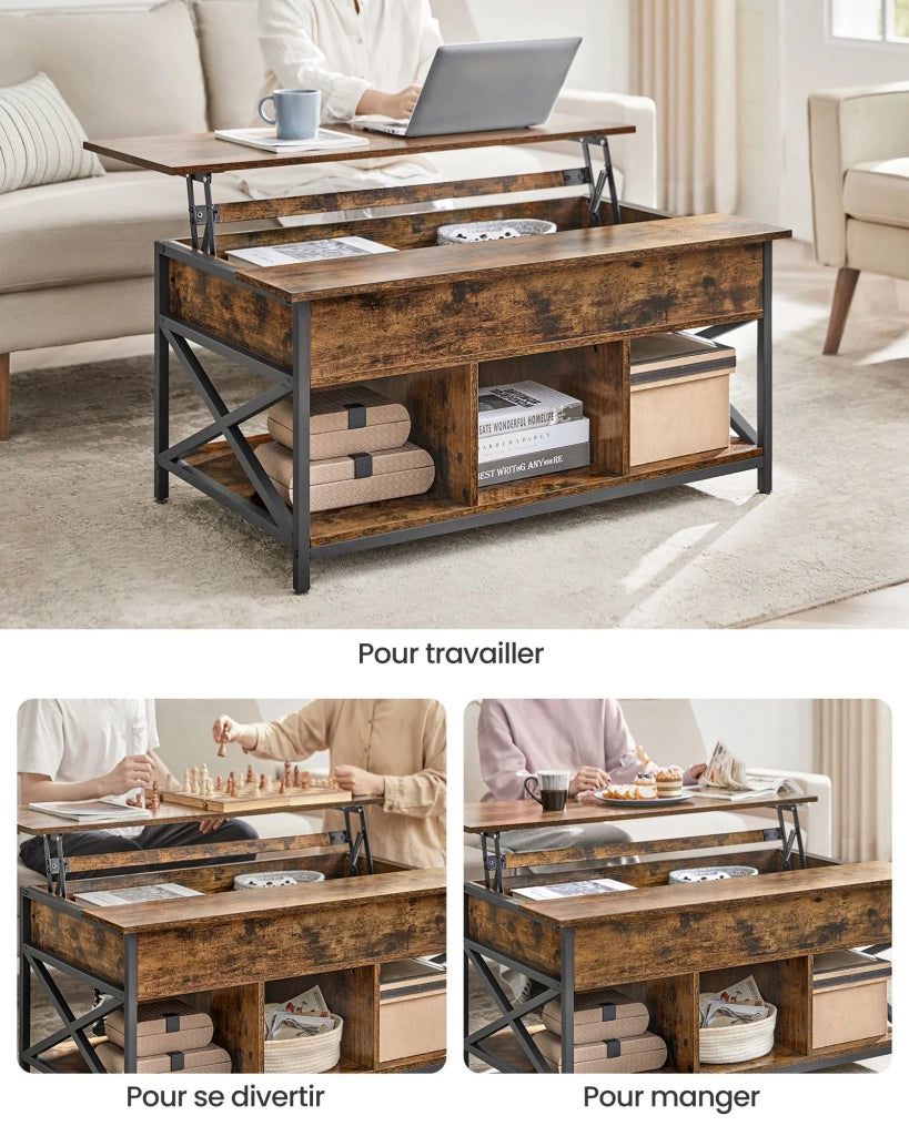 Tavolino da caffè/tavolo da soggiorno con piano sollevabile vano portaoggetti aperto e scomparto nascosto barre a X 60 x 100 x 62 cm marrone 12_0007471