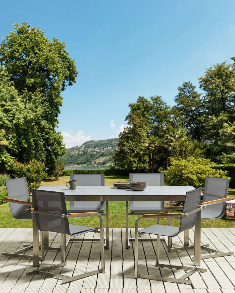 Set di 2 sedie da giardino grigio sedile sintetico struttura in acciaio inox stile cantilever