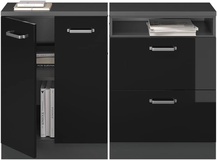 Set di mobili sottotetto Rion, Nero lucido, 120 cm Set di 2 carcasse armadio profondità 60 cm, adatto per il salvaspazio sotto tetti spioventi
