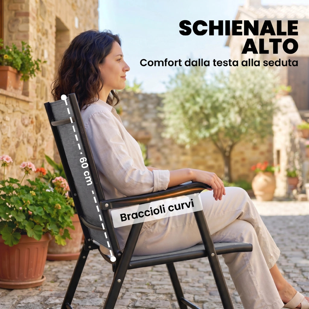 Set di 2 Sedie Pieghevoli con Schienale Alto E Braccioli. Grigio Chiaro