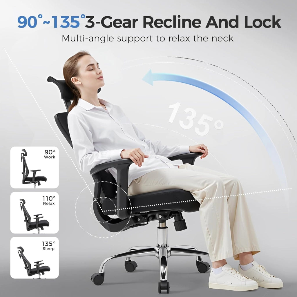 Sedia da ufficio ergonomica, con poggiatesta 3D e supporto lombare 3D, braccioli regolabili, sedia da ufficio con funzione basculante e ribaltabile