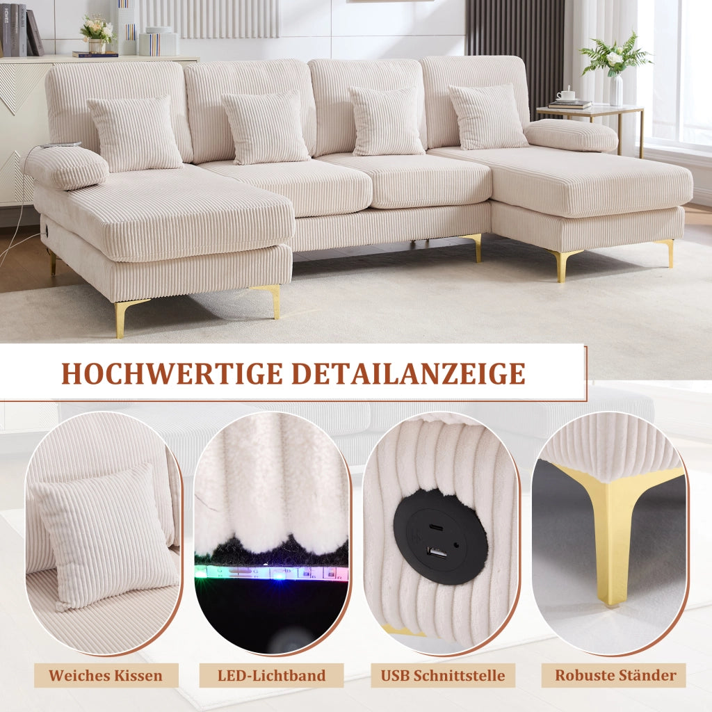 DIVANO U angolare 265x135x88 cm in velluto beige con LED e porta USB