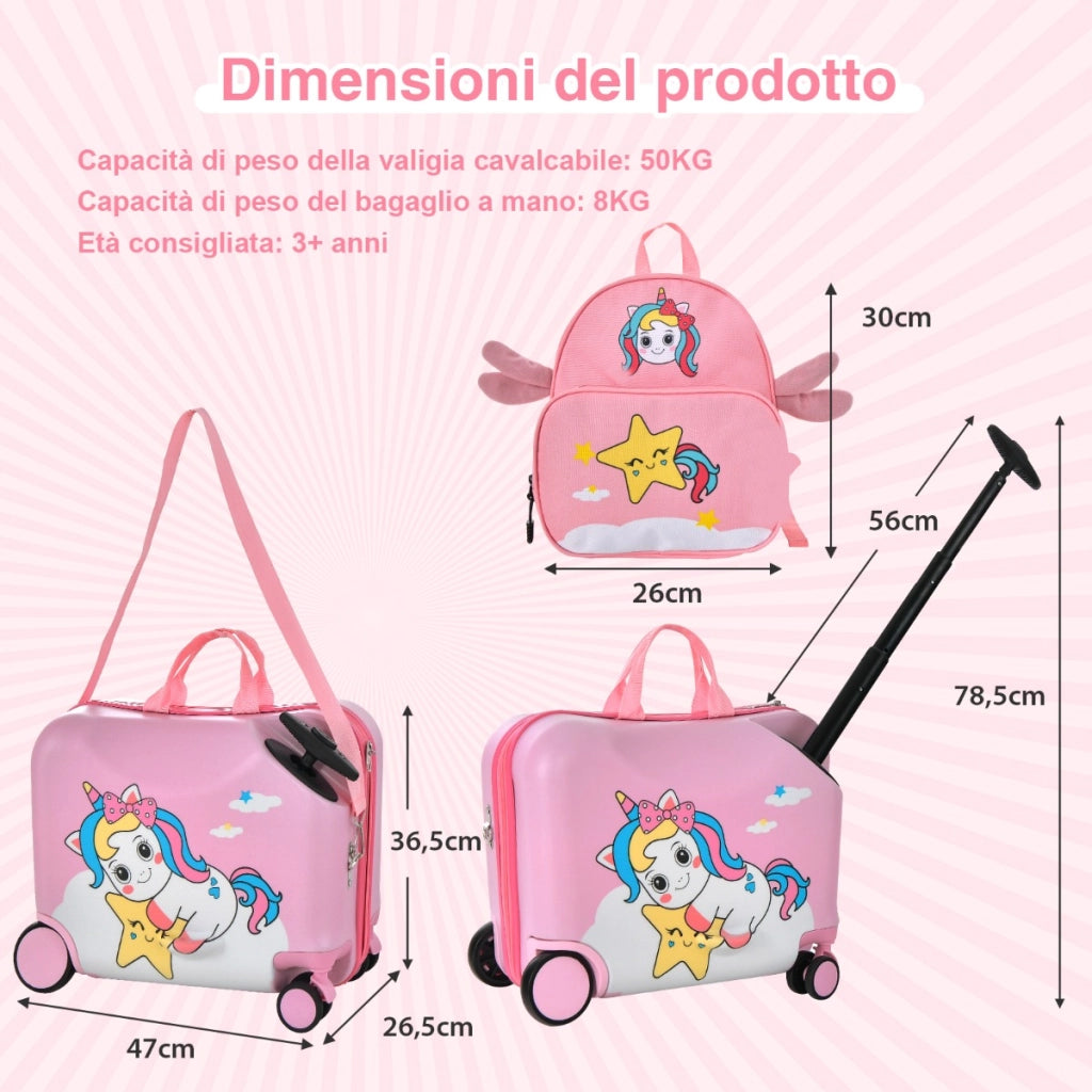 Set di valigie per bambini da 2 pezzi, Valigia con zaino duro e impermeabile con ruote 47x26,5x36,5cm Rosa-Bagagli e borse