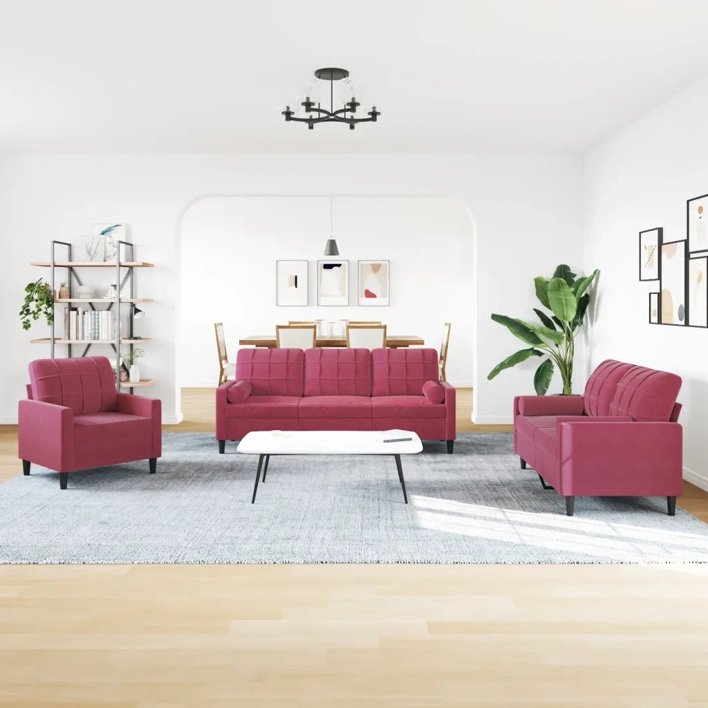 Set di Divani 3 pz con Cuscini e Rinforzi Rosso Vino in Velluto