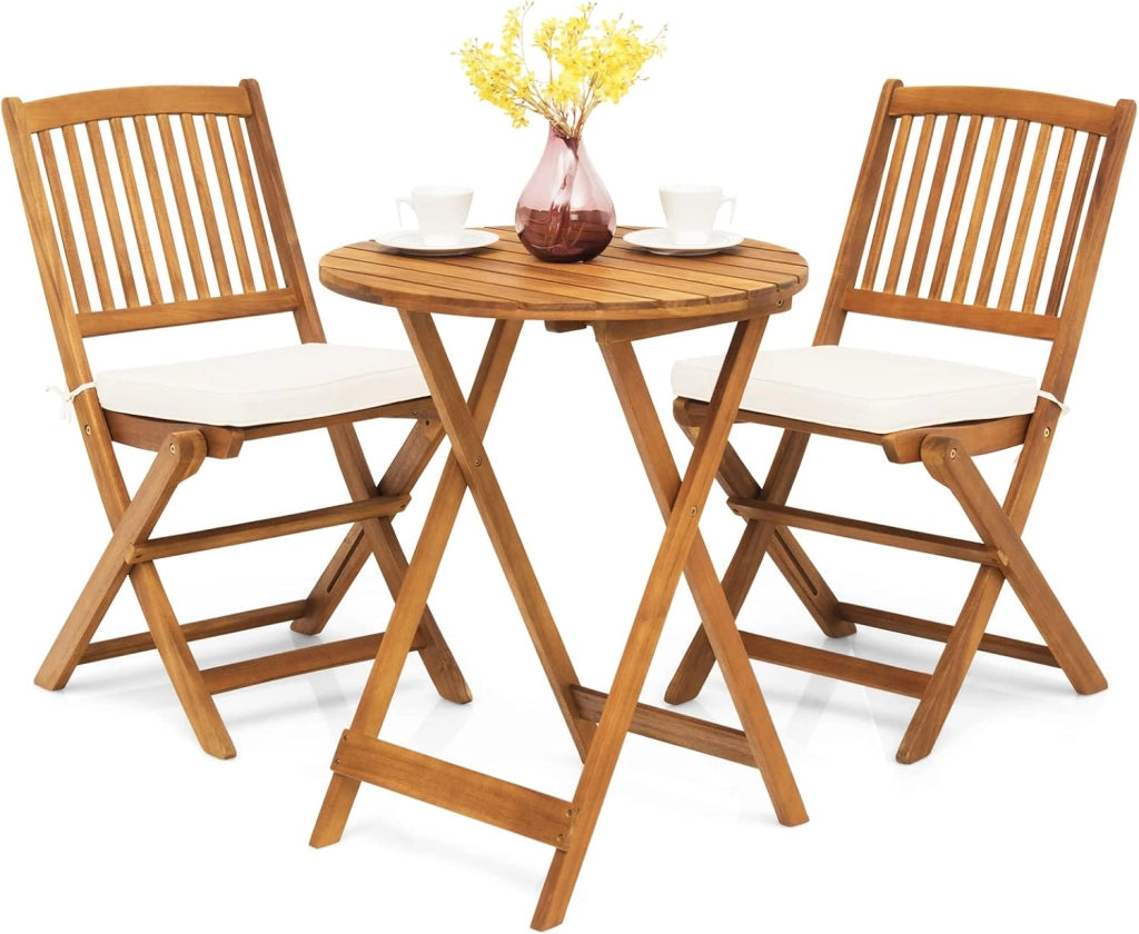 Set da Giardino 2 Posti in Legno di Acacia, Tavolo da Giardino Esterno con Sedia Pieghevole, 2 Cuscini Rimovibili, per Terrazza, Balcone, Bistrot (Grigio + Naturale)