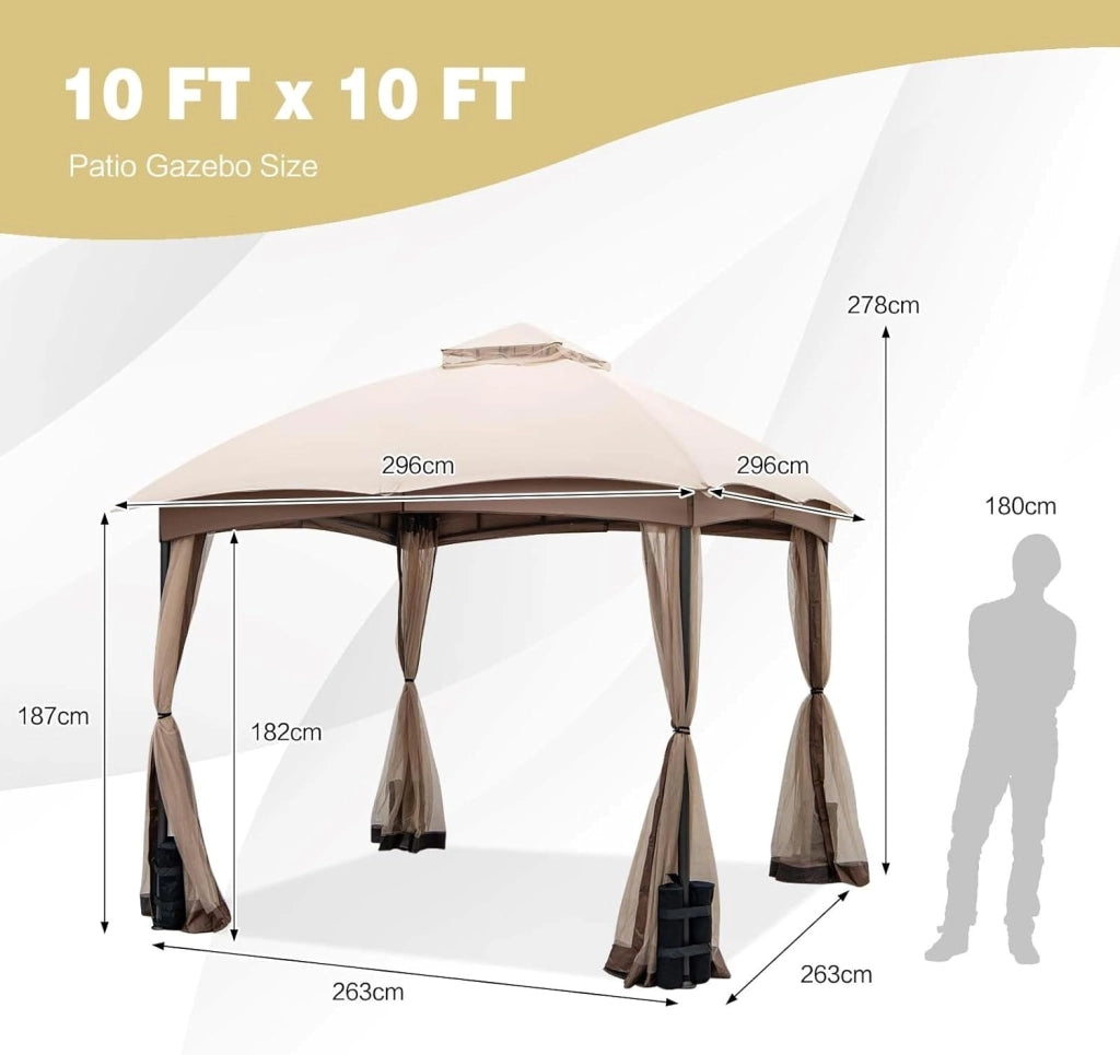 Gazebo per Esterno 3 x 3 m in Tessuto in Poliestere Resistente a Sole e Pioggia, Tendone a Tetto con Rete e Sacchi di Sabbia, Tendone a Tetto per Feste e Campeggio da Giardino, Balcone Cachi