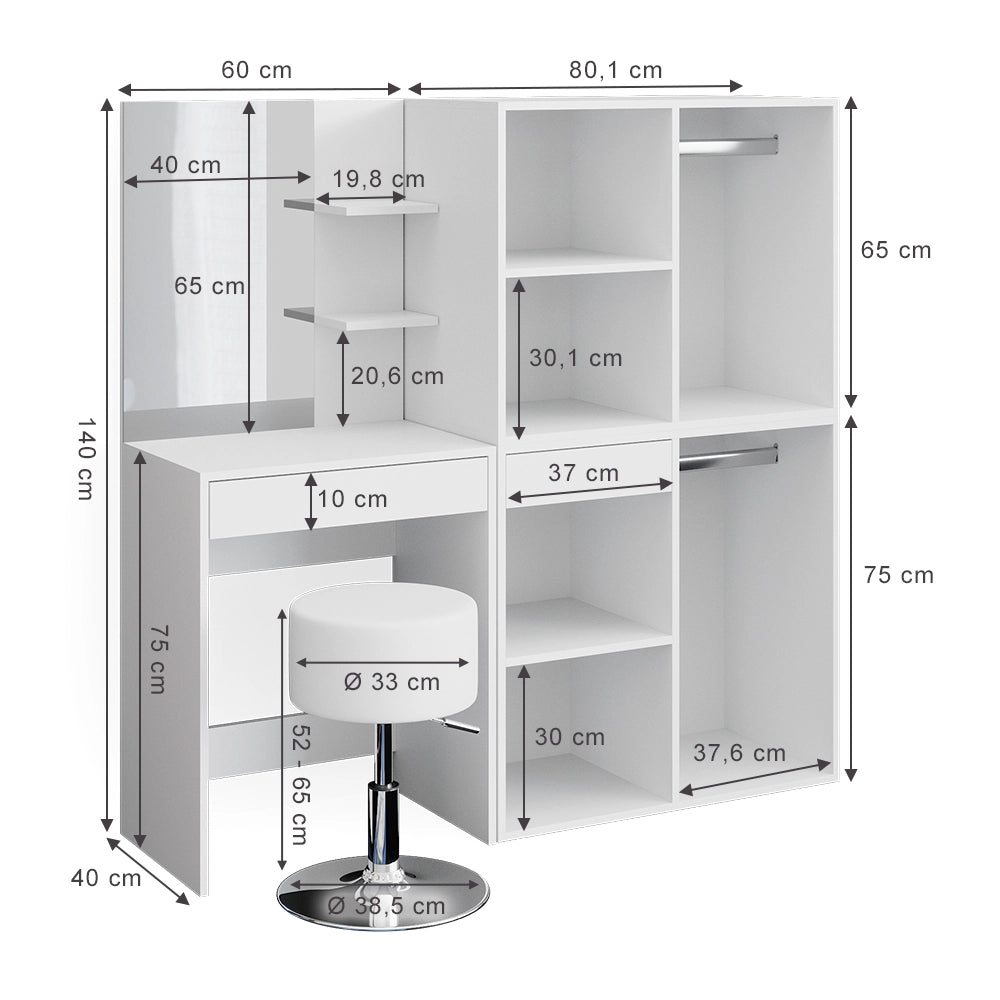 Vicco Tavolo da toeletta Bianco 140 cm con sgabello e armadio