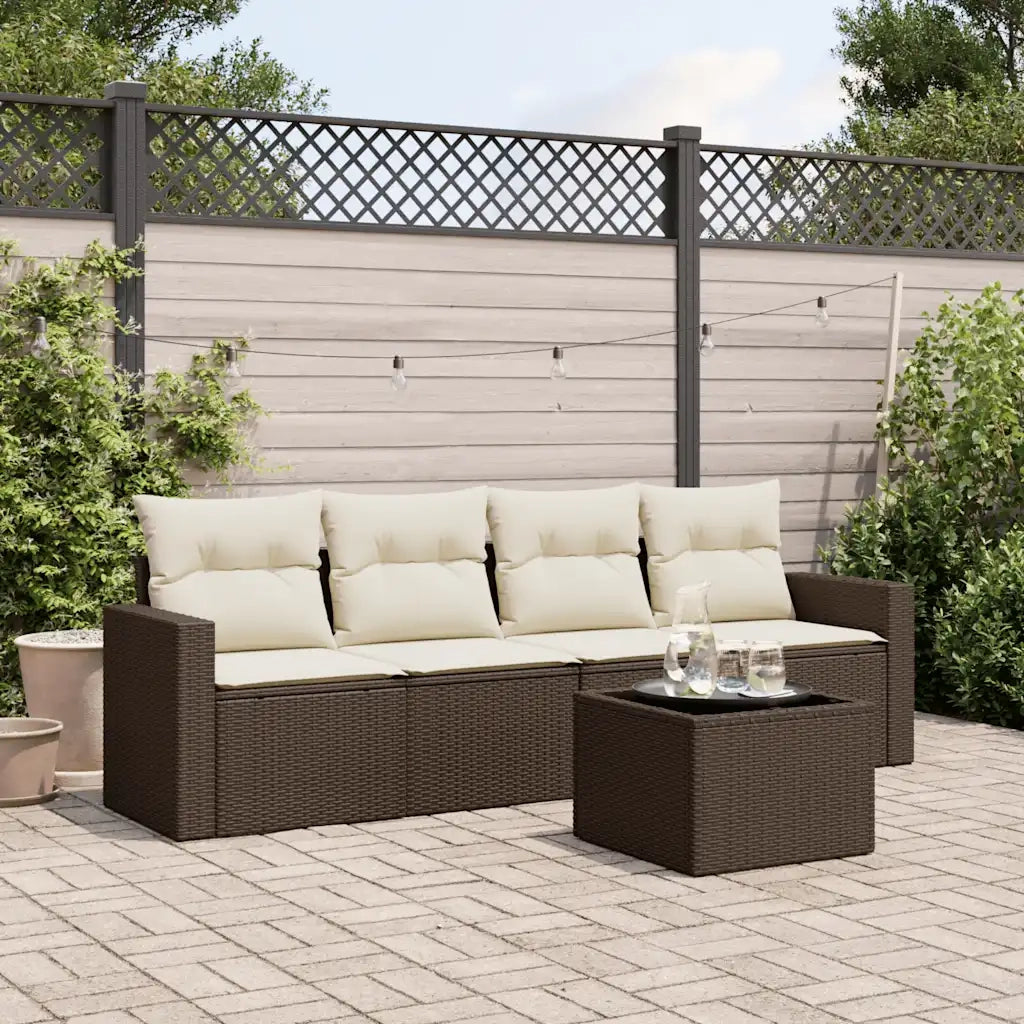 Divano da esterno-Set Divano da Giardino 5 pz con Cuscini Marrone in Polyrattan