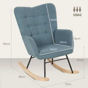 Poltrona a dondolo azzurra con base in legno e seduta imbottita 71x98x101 cm