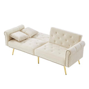 Divano Letto 2 Posti con Doppio Schienale Regolabile a 3 Posizioni; Velluto; Piedi in Metallo Dorato; Beige