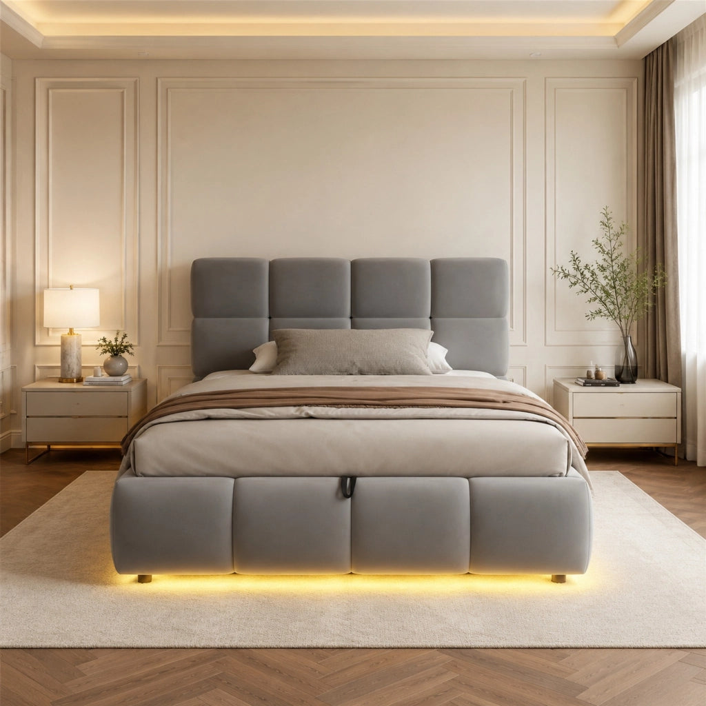 Letto imbottito singolo 90×200 cm con contenitore; LED e testiera; senza materasso; velluto; grigio
