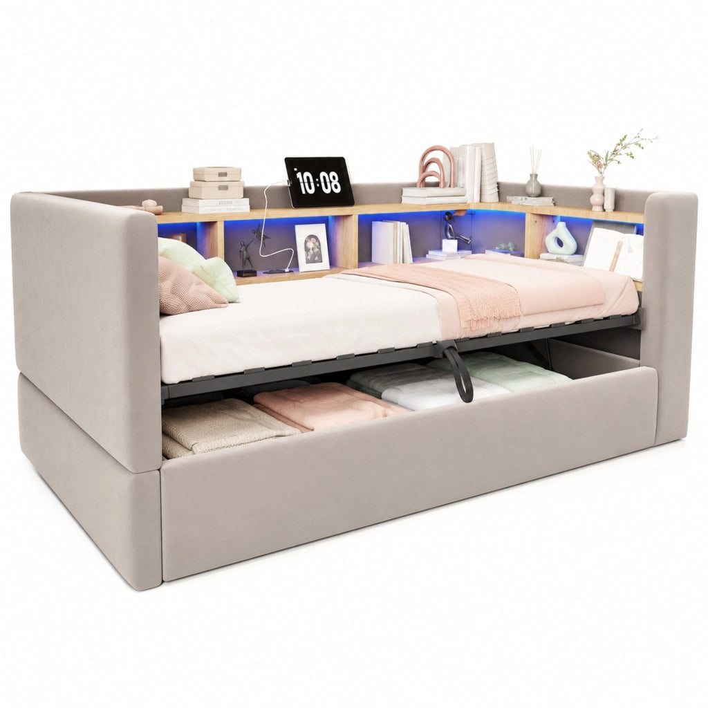Letto singolo 90×190 cm con contenitore idraulico; LED; prese e ripiani; senza materasso; flanella; grigio scuro