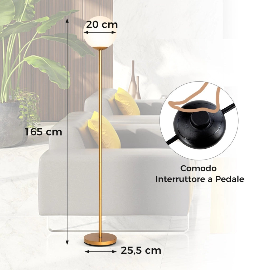 Lampada da terra alta 165cm con paralume in vetro e base pesante interruttore a pedale, Lampada decorativa con globo dorato-Lampade