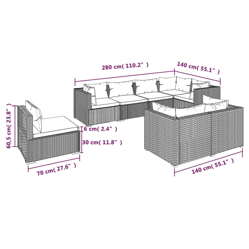 Set di mobili da giardino per esterni 8 pz con cuscini in polyrattan marrone 02_0017726