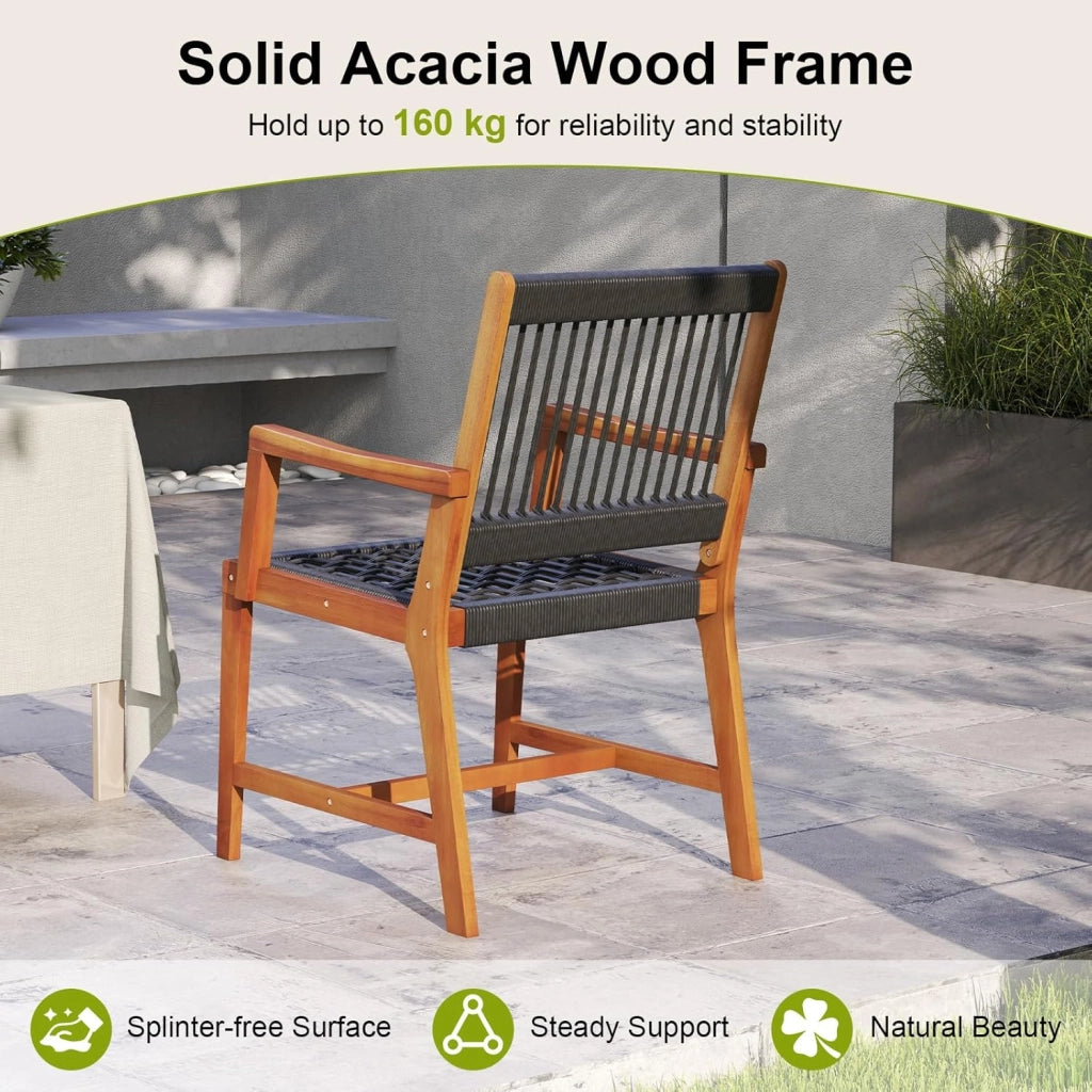 Set di 2 Sedie da Pranzo in Legno di Acacia per Esterno, Sedie da Giardino Intrecciate con Braccioli, Sedia in Legno di Acacia con Tessitura di Corda di Plastica, Capacità di Carico di 160 kg