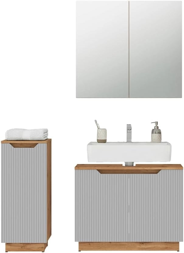 Set di mobili da bagno Lotta, Grigio, 79.6 cm, composto da mobile sottolavabo, specchiera e mobile medio