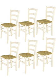 Set 6 Sedie Venice Tommychairs, robusta struttura in legno di faggio verniciata in anilina bianca e seduta in paglia